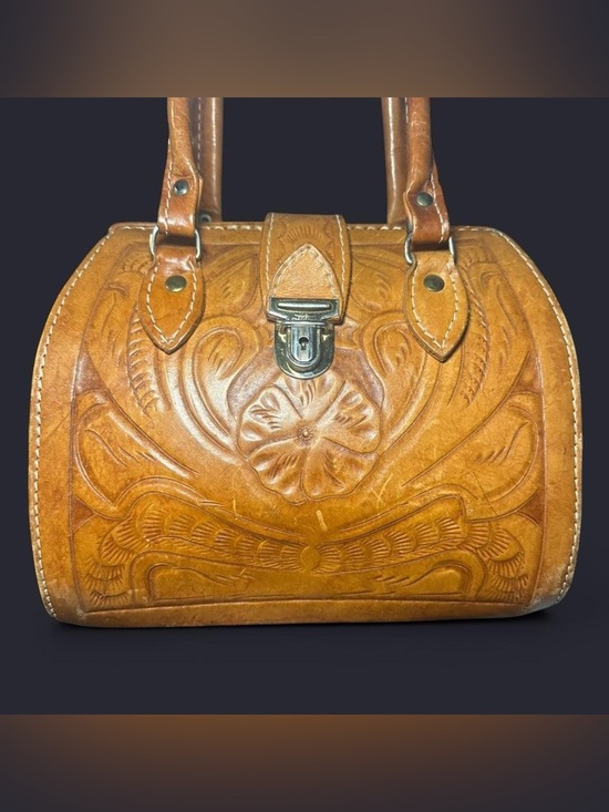 Handbags - Vintage Mexican Tooled Leather Satchel Handbag - Tan